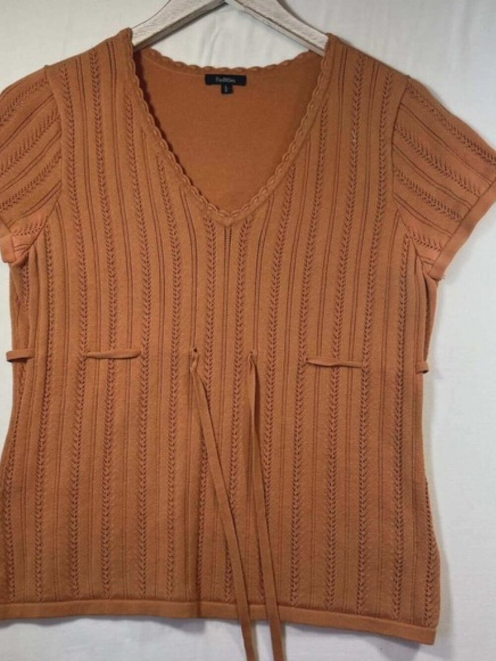 Reitmans Terracotta Orange Pointelle Knit‎ V-Neck Short Sleeve Sweater Large